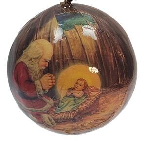 VTG Kneeling Santa Baby Jesus Christmas Ornament '91 Roman Inc Papier Mache Ball